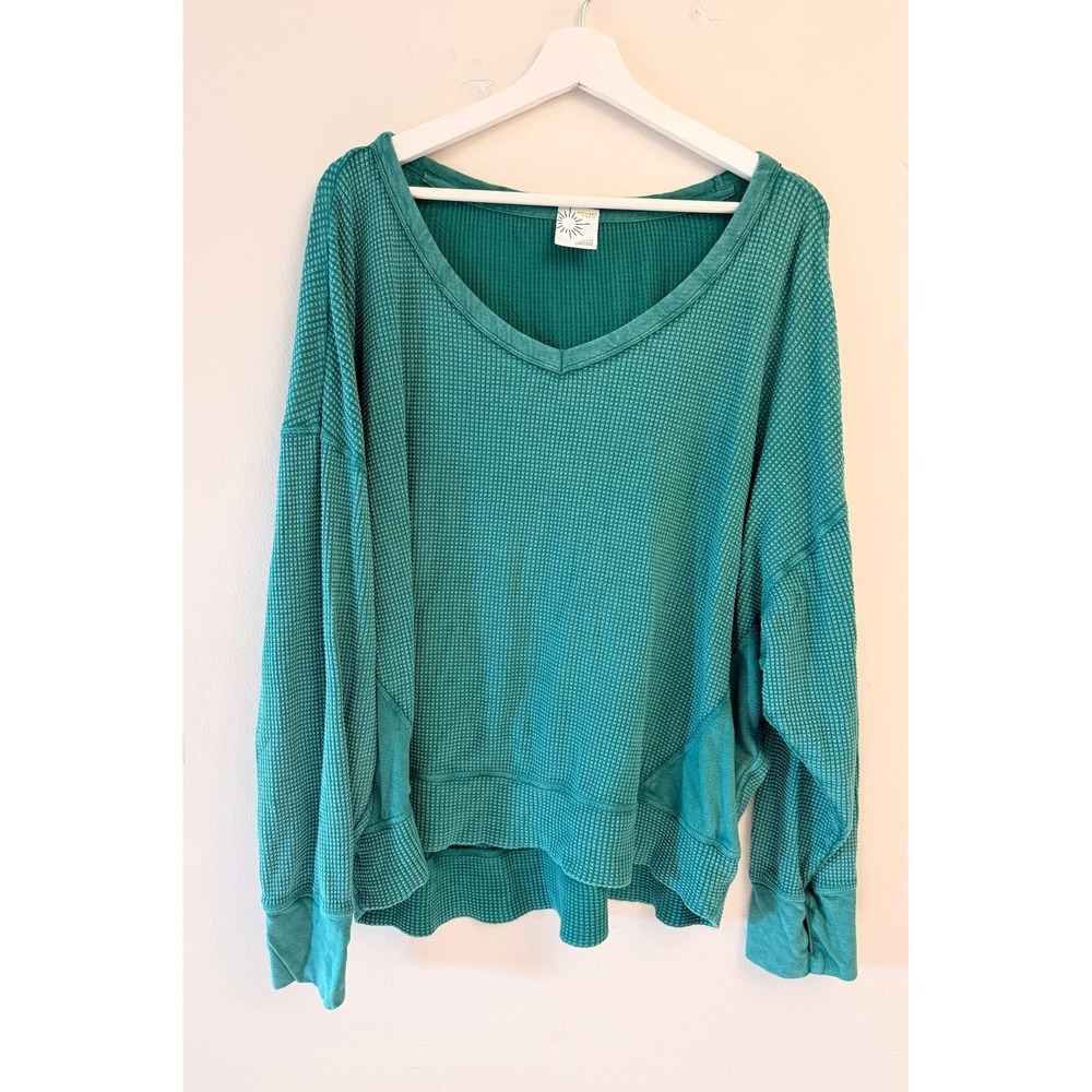 OFFLINE by Aerie Waffle Knit Top Women XL Green V-Neck Thumbhole Thermal Shirt